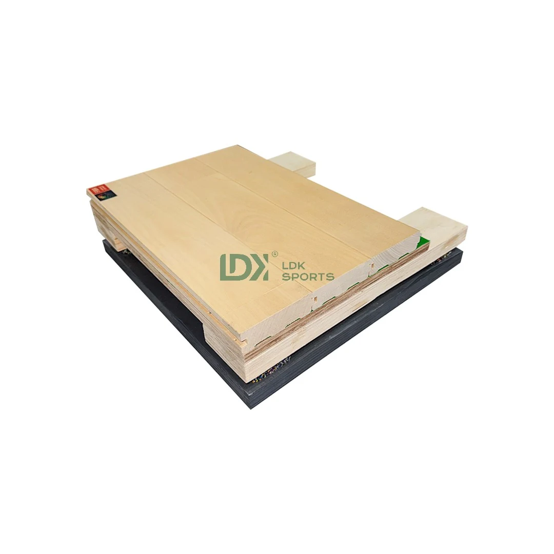 Hover or focus to enlarge Three-quarter view of LDK25W01 single-keel sports wood flooring sample