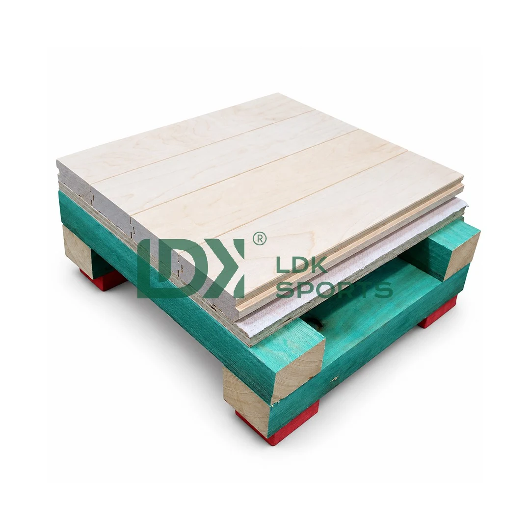 Hover or focus to enlarge Three-quarter view of LDK25W02 double-keel sports wood flooring sample